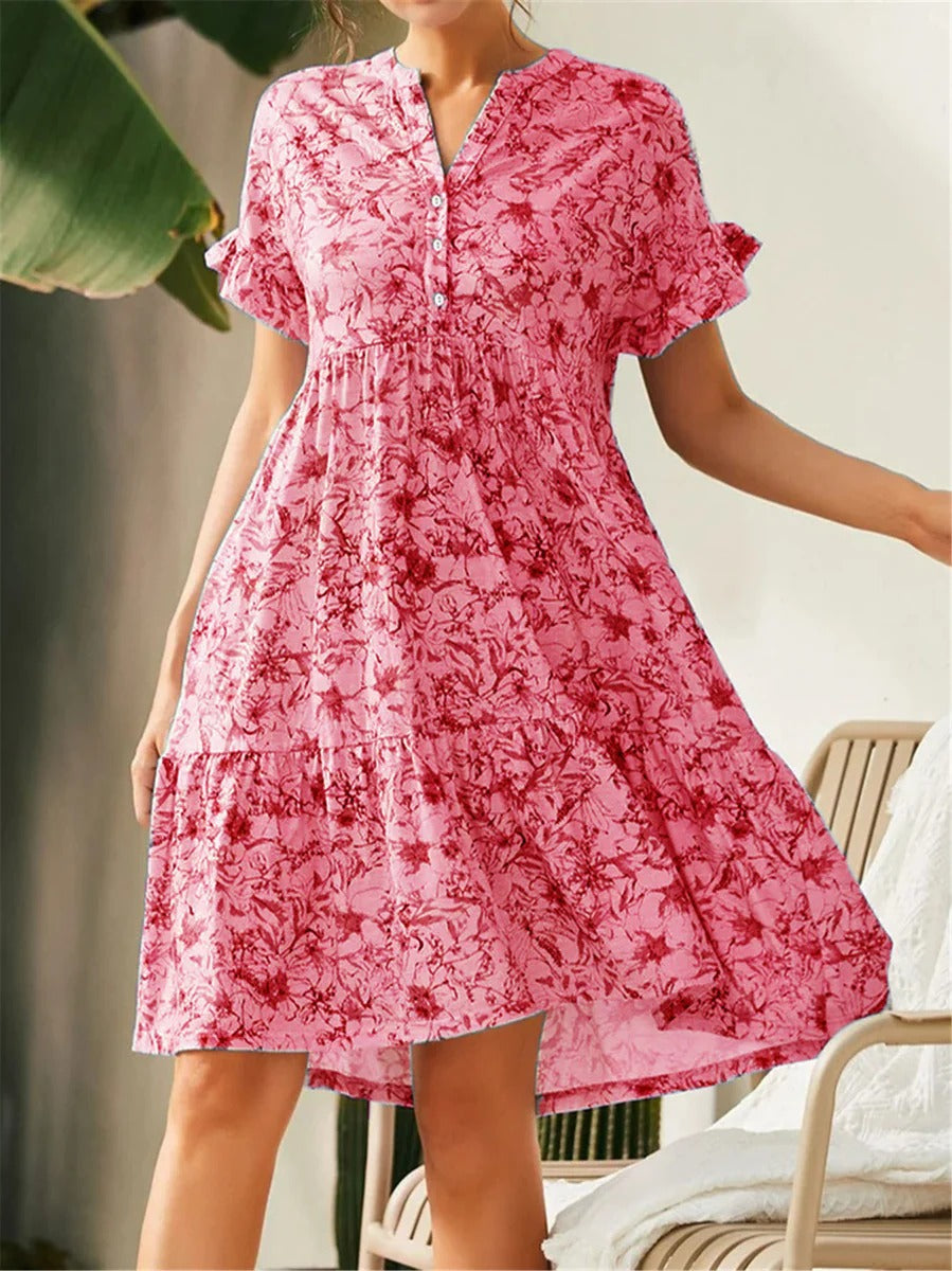Women’s A-Line Dress – Lightweight Blend – Floral Print – Tiered – V-Neck