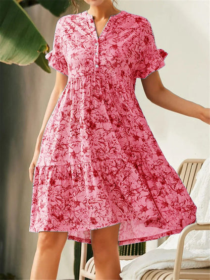Women’s A-Line Dress – Lightweight Blend – Floral Print – Tiered – V-Neck