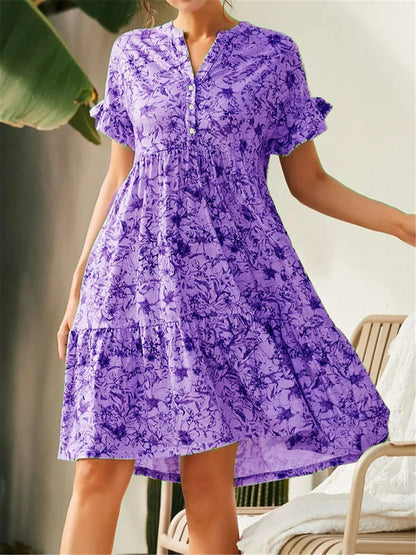 Women’s A-Line Dress – Lightweight Blend – Floral Print – Tiered – V-Neck