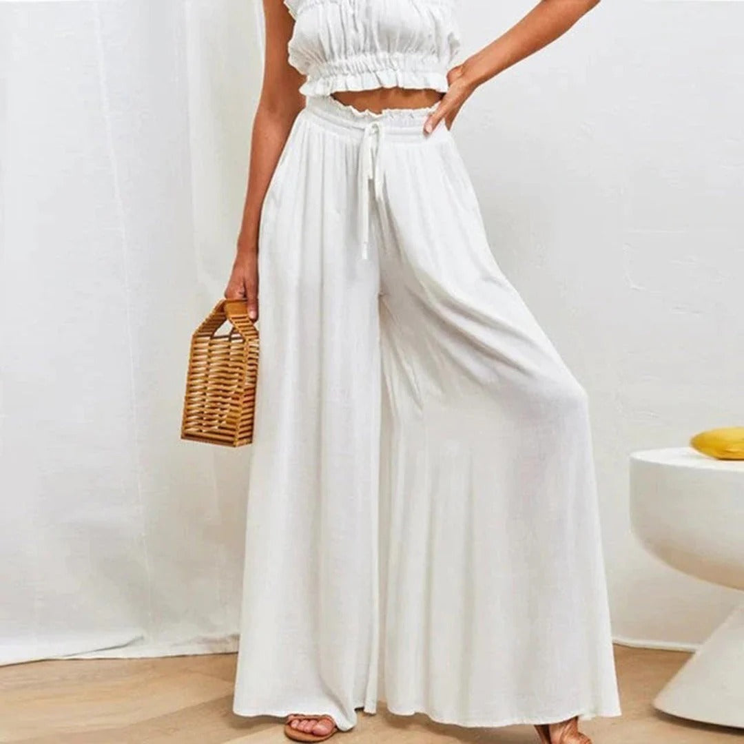 Women’s Wide Leg Trousers – High Waist – Cotton Feel – Drawstring – Full Length