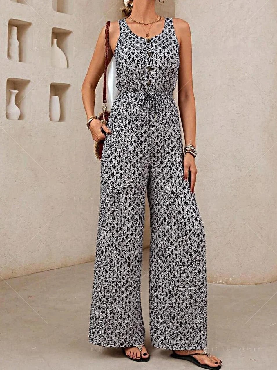 Women’s Jumpsuit – V Neck Sleeveless – Relaxed Fit – Drawstring Waist – Breathable Blend
