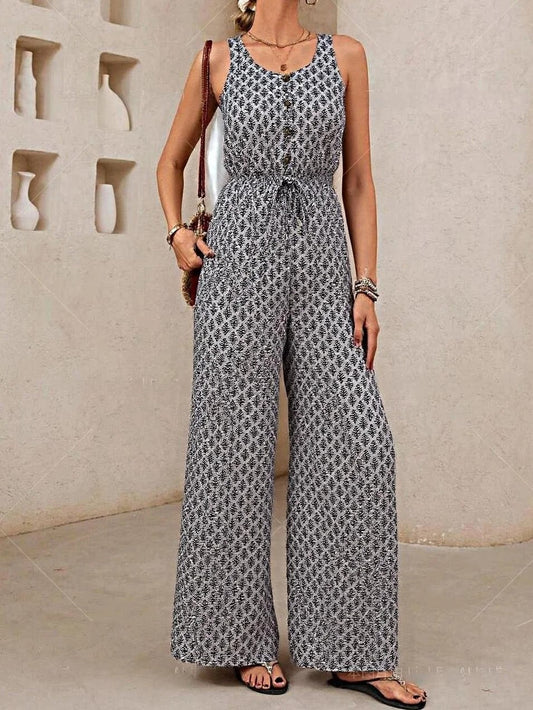 Women’s Jumpsuit – V Neck Sleeveless – Relaxed Fit – Drawstring Waist – Breathable Blend