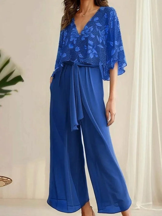 Women’s Two-Piece Set – V-Neck Top with Loose Sleeves – Wide-Leg Trousers with Tie Waist