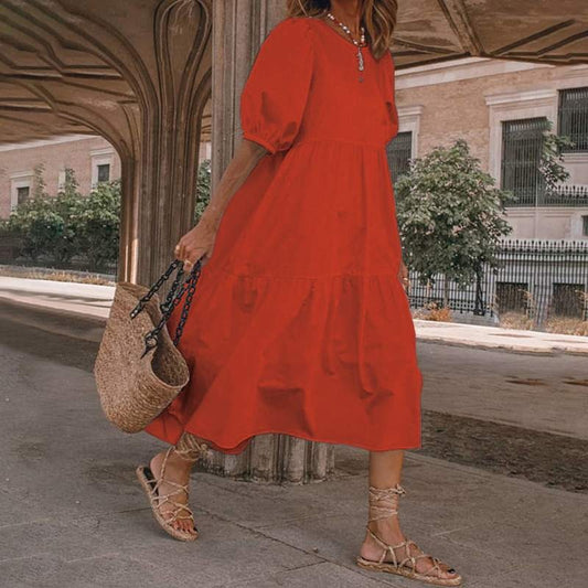 Women’s Midi Dress – Cotton Blend – A-Line Fit – Scoop Neck – Puff Sleeves – Tiered Skirt