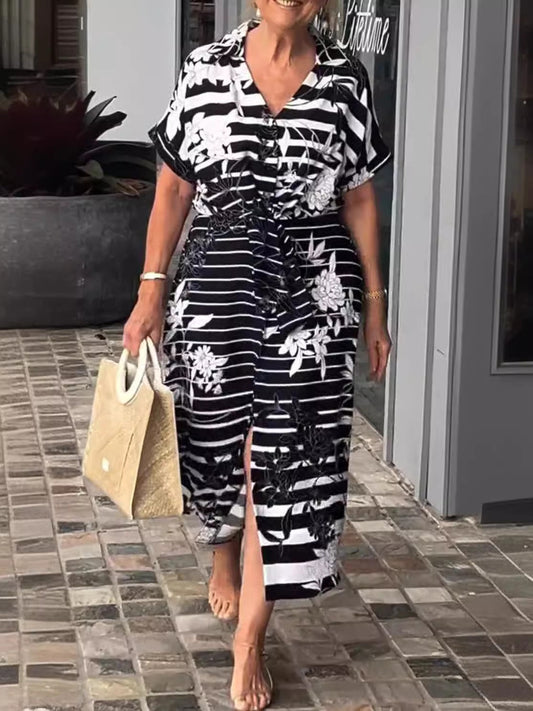 Women’s Shirt Dress – Relaxed Fit – Belted Waist – Plant Print – Side Slit – Midi Length