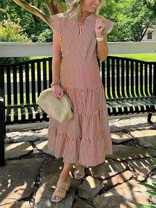 Women’s Midi Dress – Relaxed Fit – Striped – V-Neck – Cotton – Tiered Skirt – Ruffle Sleeves