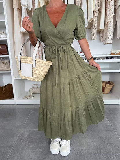Women’s Maxi Dress – A-Line Fit – Wrap Front – Puff Sleeve – Belted Tiered Skirt