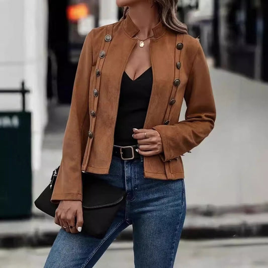Women’s Tailored Jacket – Velvet Texture – Double-Breasted – Mandarin Collar – Retro Fit