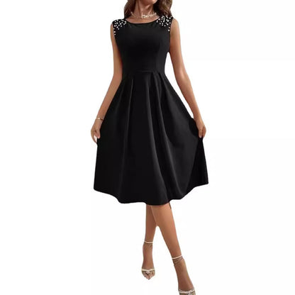 Women’s Midi Dress – Fitted Waist – A-Line Silhouette – Sleeveless Beaded Shoulders