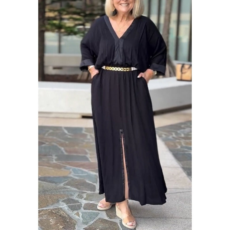 Women’s Maxi Dress – Flowy Fit – V-Neck – Long Sleeve – Front Slit