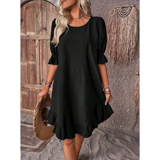 Women’s A-Line Dress – Relaxed Fit – Cotton Linen – Ruffle Trim – Midi Length