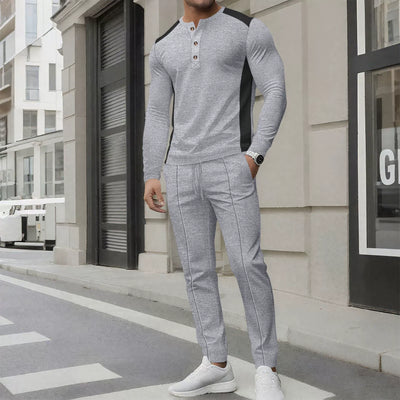 Men’s Two-Piece Set – Slim Fit Henley Shirt and Pants – Waffle Knit – Long Sleeve