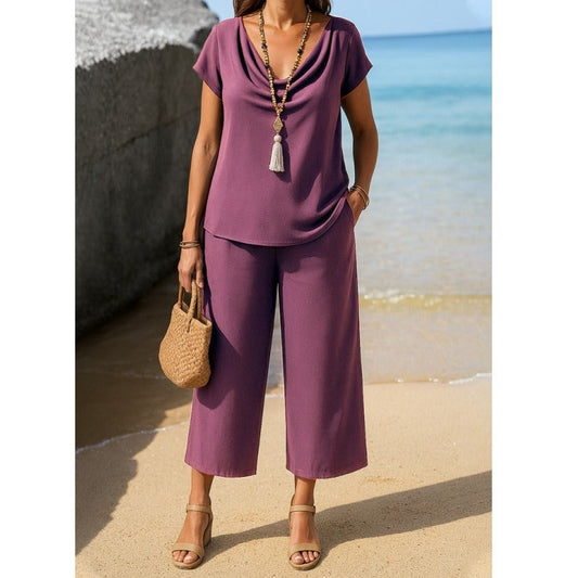 Women’s Two-Piece Set – Draped Collar Blouse – Short Sleeve – Wide-Leg Cropped Trousers