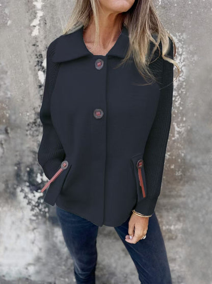 Women’s Jacket – Relaxed Fit – Wool Blend – Ribbed Sleeves – Wide Collar – Button Front