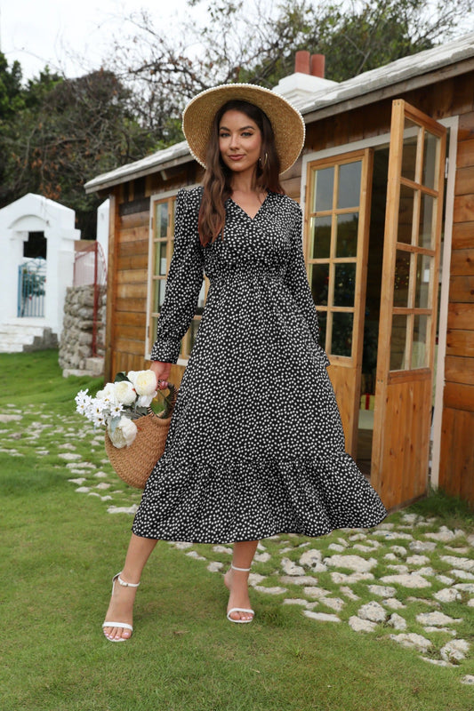 Women’s Midi Dress – V-Neck – Long Sleeve – Flared Fit – Cotton – Polka Dot