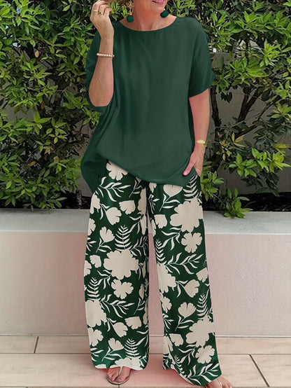 Women’s Pants Set – Relaxed Fit Top – Wide Leg Pants – Floral Print
