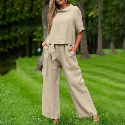Women’s Two-Piece Set – Relaxed Fit – Short Sleeve Top – Wide-Leg Trousers – Cotton