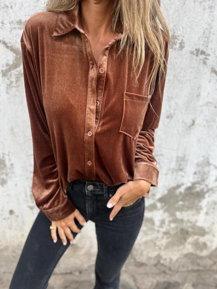 Women’s Velvet Shirt – Loose Fit – Long Sleeve – Button Front – Classic Collar