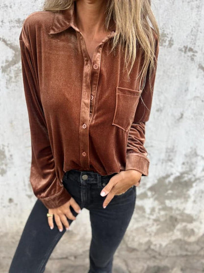 Women’s Velvet Shirt – Loose Fit – Long Sleeve – Button Front – Classic Collar