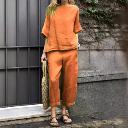 Women’s Trousers Suit – Relaxed Fit – Cotton Linen – Round Neck Top – Cropped Leg