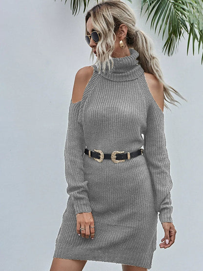 Women’s Sweater Dress – Slim Fit – Turtleneck – Ribbed Knit – Cut-Out Shoulders – Belted Waist