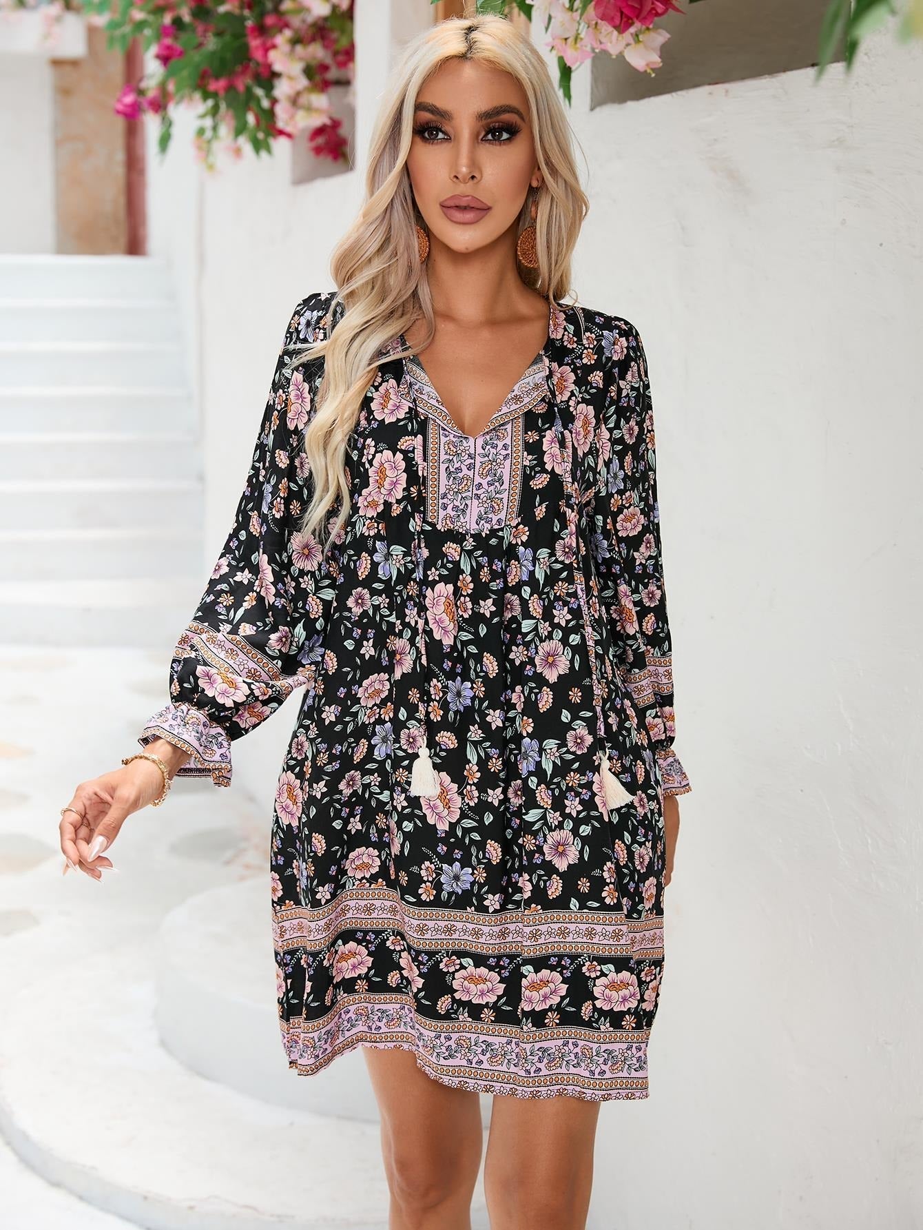 Women’s Short Boho Dress – Cotton – A-Line Fit – V-Neck Long Sleeve Floral