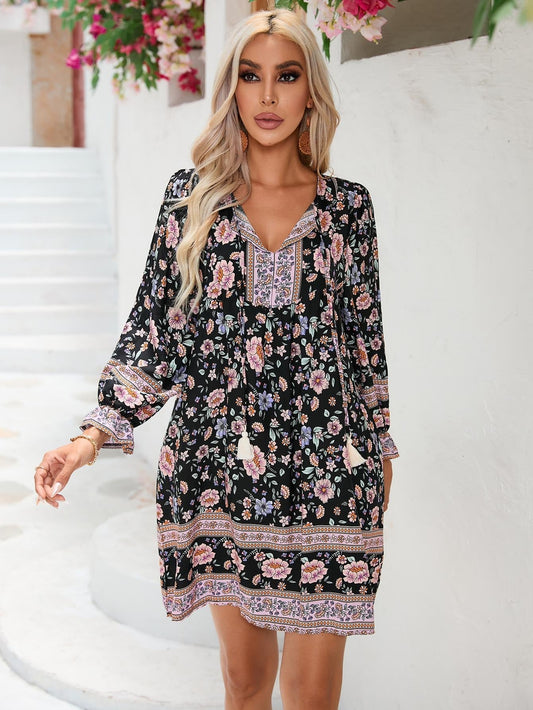 Women’s Short Boho Dress – Cotton – A-Line Fit – V-Neck Long Sleeve Floral