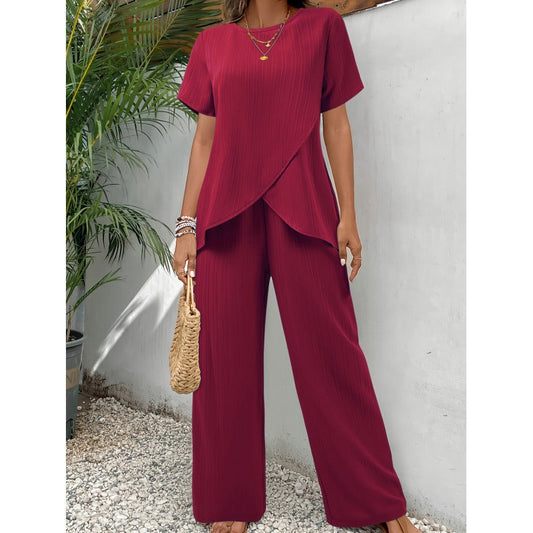Women’s Two-Piece Set – Pleated Texture – Relaxed Fit – Asymmetric Top – Wide-Leg Trousers