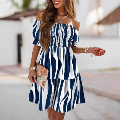 Women’s Midi Dress – One-Shoulder Smocked Bodice – Printed A-Line – Puffed Sleeves