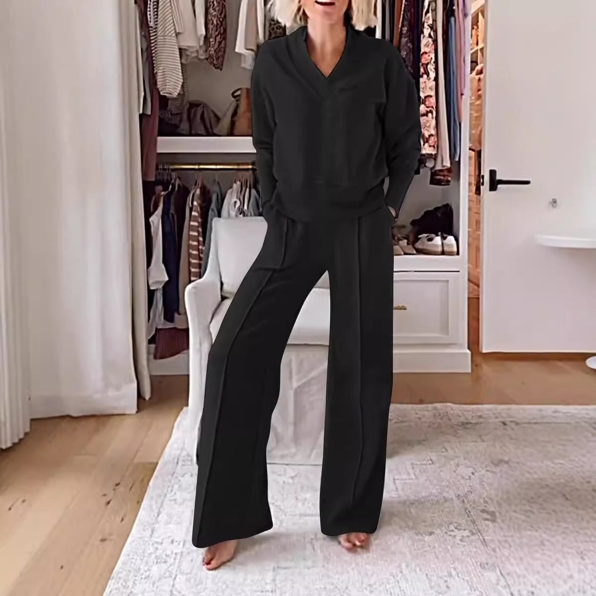 Women’s Two-Piece Set – V-Neck Long Sleeve Top – High Waist Wide-Leg Knit Pants