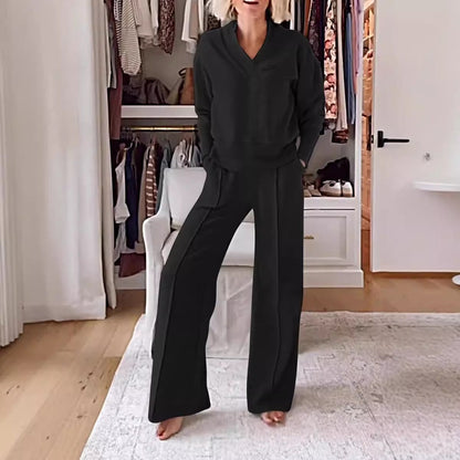 Women’s Two-Piece Set – V-Neck Long Sleeve Top – High Waist Wide-Leg Knit Pants