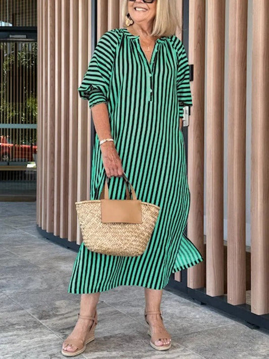 Women’s Midi Dress – V-Neck – Flutter Sleeve – Striped – Relaxed Fit – Cotton Blend