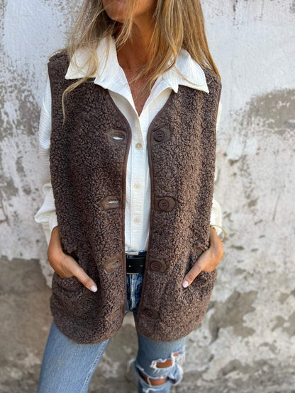 Women’s Vest – Shearling Fleece – Relaxed Fit – Button Front – Side Pockets