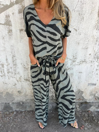 Women’s Top and Trousers Set – Zebra Print – Tie Front – Wide Leg – Relaxed Fit
