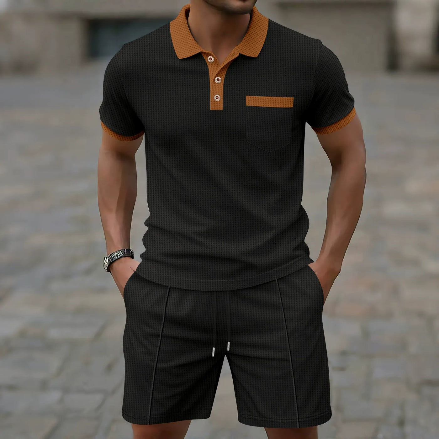 Men’s Polo Shirt and Shorts Set – Slim Fit – Cotton Blend – Half Button Top – Chest Pocket