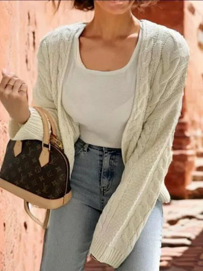 Women’s Sweater – Wool Knit – Oversized Fit – Asymmetric V-Neck – Cable Stitch