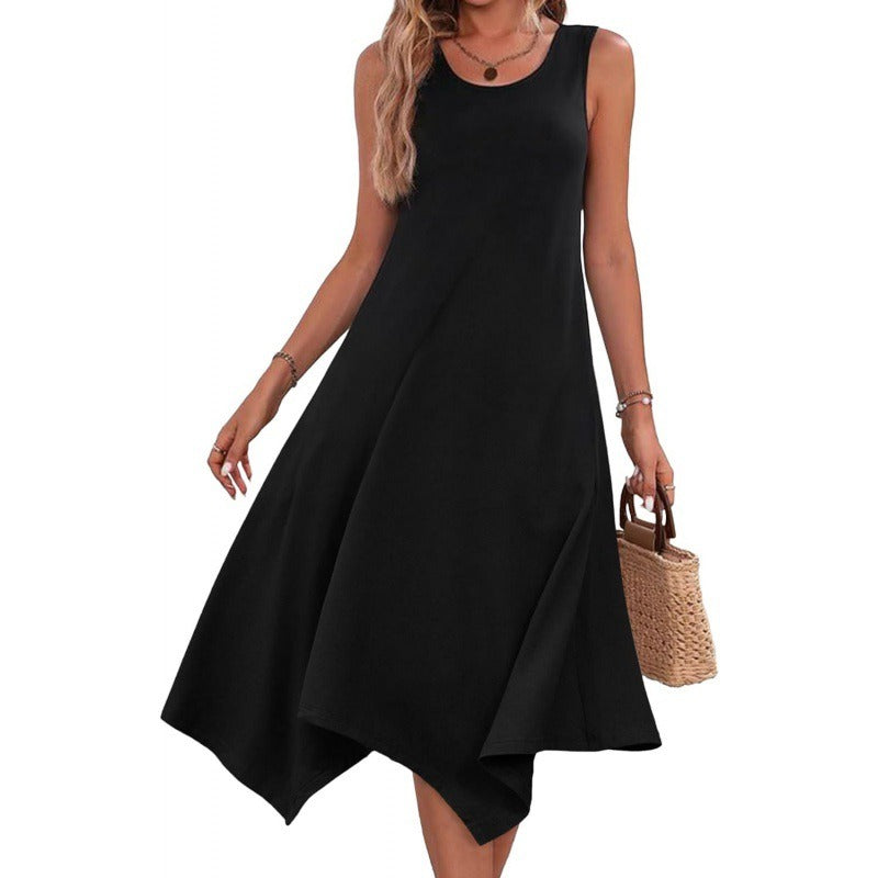Women’s Midi Dress – A-Line Fit – Cotton Blend – Sleeveless Abstract Print – Asymmetrical Hem