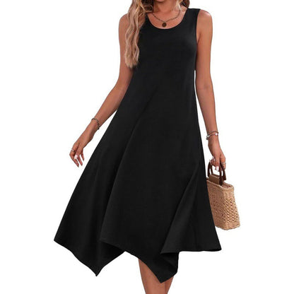 Women’s Midi Dress – A-Line Fit – Cotton Blend – Sleeveless Abstract Print – Asymmetrical Hem