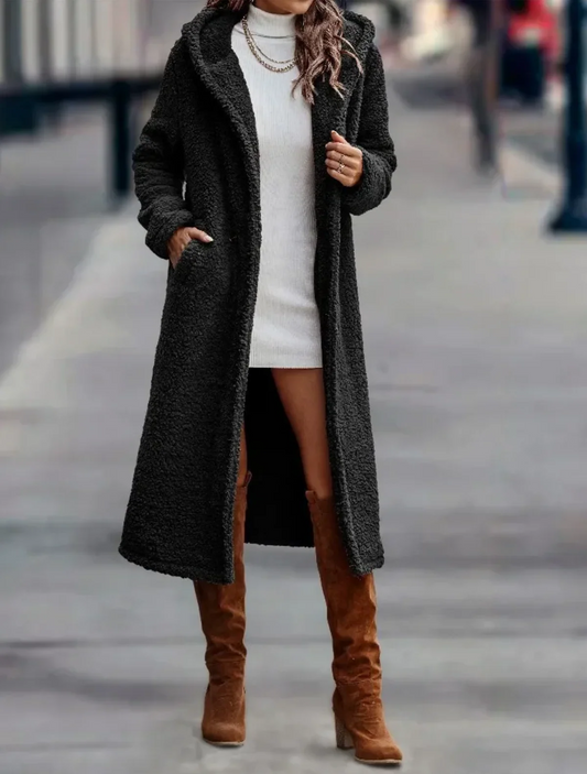 Women’s Overcoat – Teddy Texture – Relaxed Fit – Calf Length – Hooded Open Front