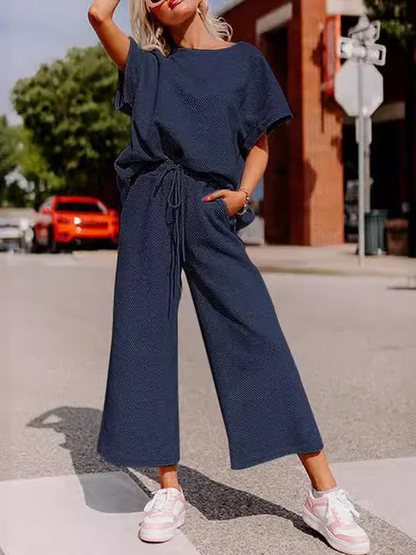 Women’s Two-Piece Set – Soft Knit – Relaxed Fit – Short Sleeve Top and Wide-Leg Trousers