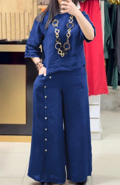 Women’s Two-Piece Set – Linen – Relaxed Fit Top – Wide-Leg Trousers with Button Detail