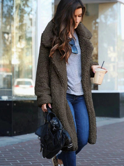 Women’s Teddy Coat – Oversized Fit – Long Length – Soft Textured – Lapel Collar