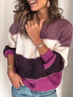 Women’s Pullover Sweater – Relaxed Fit – Knit Feel – Long Sleeve – Striped Pattern