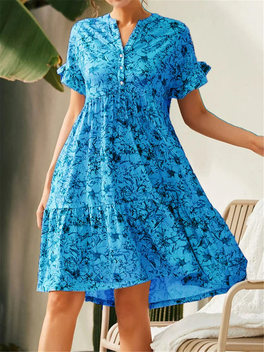 Women’s A-Line Dress – Lightweight Blend – Floral Print – Tiered – V-Neck