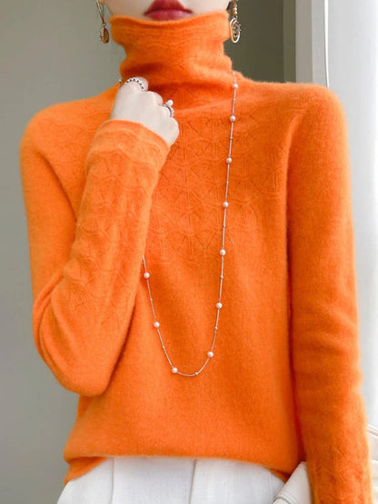 Women’s Turtleneck Sweater – Slim Fit – Wool Blend – Hollow Knit – Full Length Sleeves