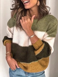 Women’s Pullover Sweater – Relaxed Fit – Knit Feel – Long Sleeve – Striped Pattern