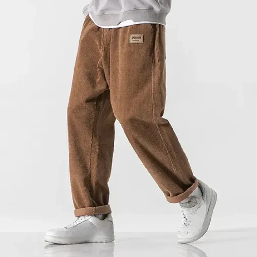 Men’s Corduroy Trousers – Oversized Fit – Ribbed Texture – Full Length – Cuffed Hem