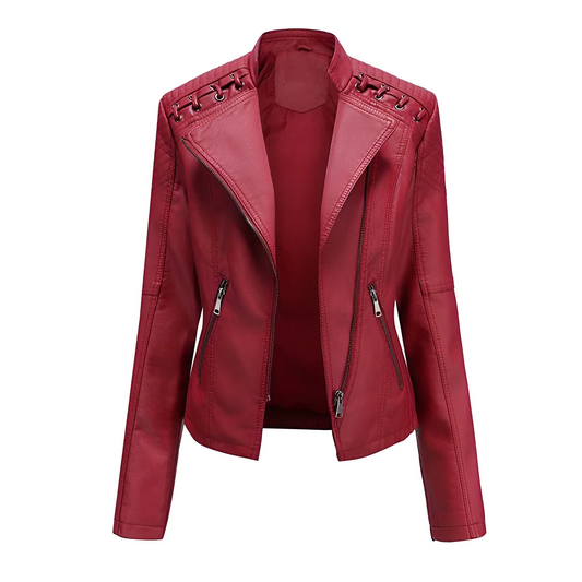 Women’s Leather Jacket – Tailored Fit – Asymmetrical Zip – Quilted Shoulders – Laced Detail