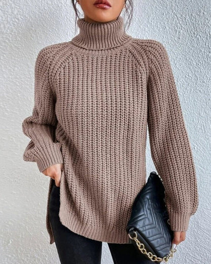 Women’s Turtleneck Sweater – Chunky Waffle Knit – Relaxed Fit – Ribbed Cuffs – Hip Length