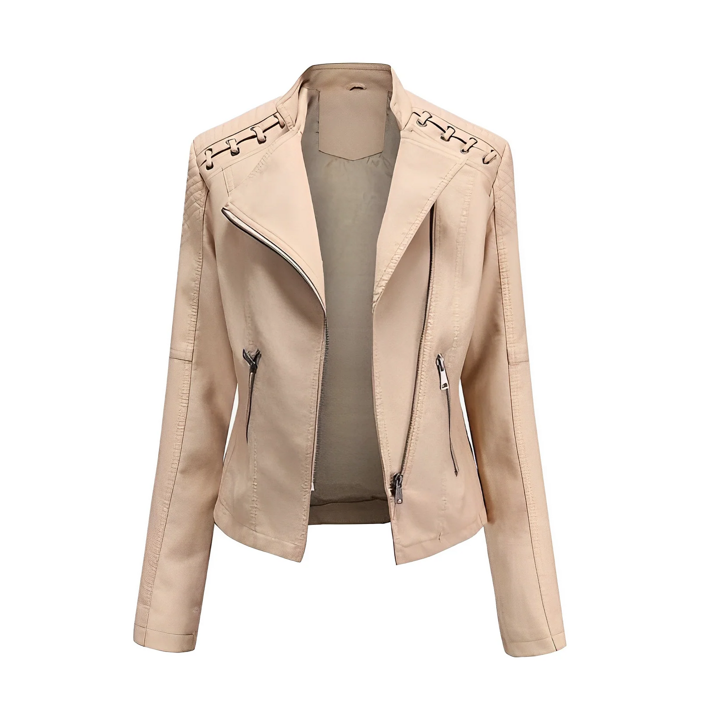 Women’s Leather Jacket – Tailored Fit – Asymmetrical Zip – Quilted Shoulders – Laced Detail